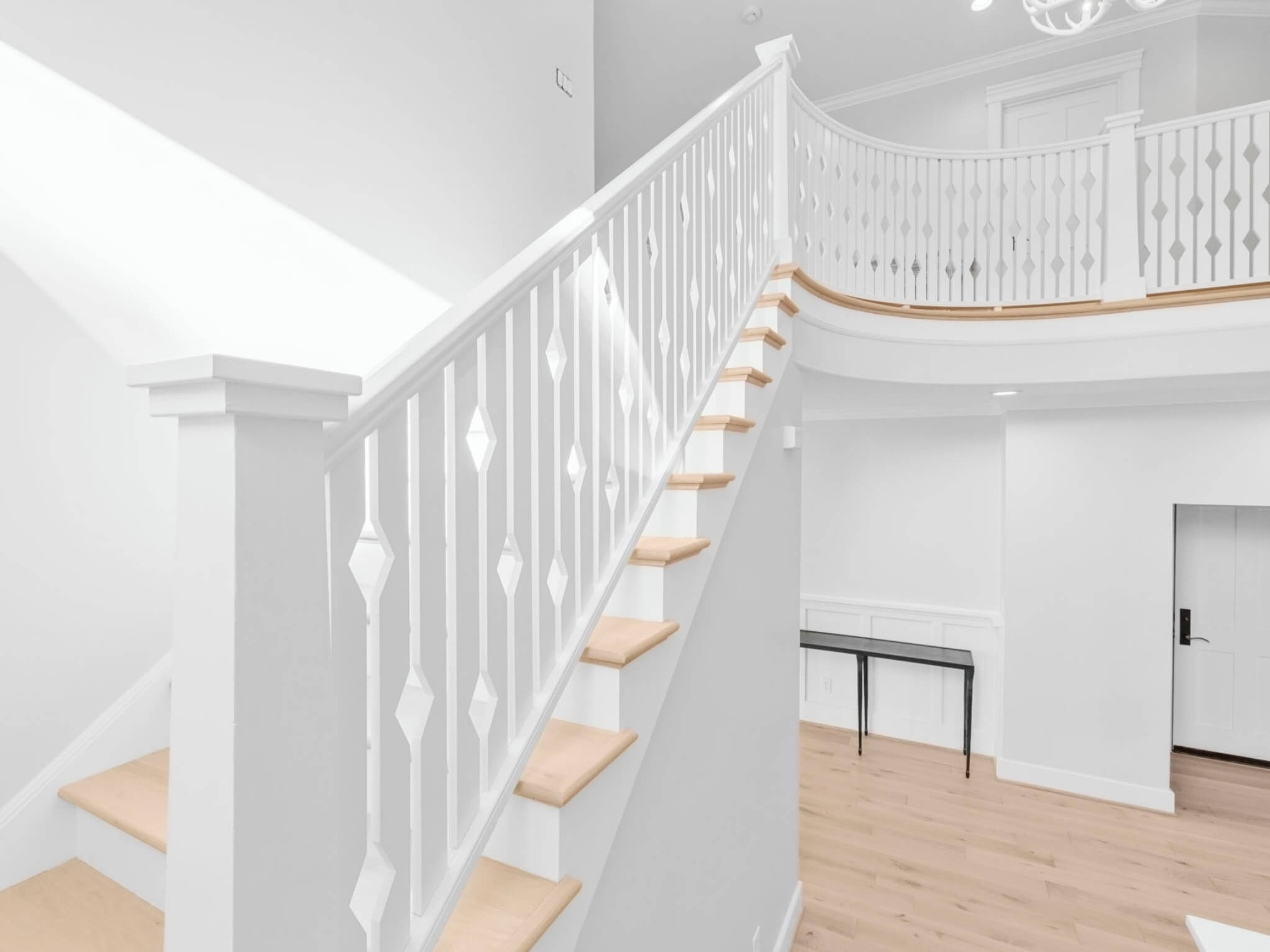 Inside mobile showroom with dog and flooring examples